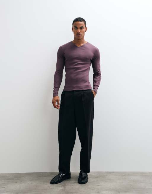 ASOS DESIGN tætsiddende langærmet T-shirt med v-hals i lilla rib, 2 af 9