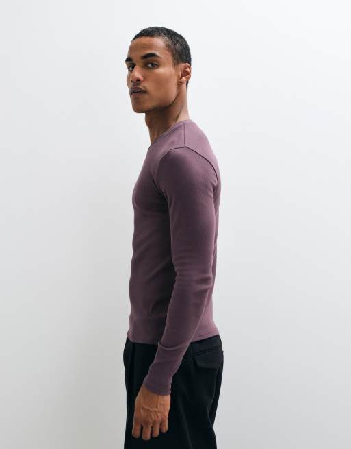 ASOS DESIGN tætsiddende langærmet T-shirt med v-hals i lilla rib, 4 af 9