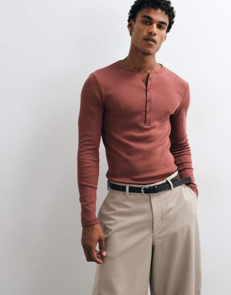 ASOS DESIGN tætsiddende langærmet T-shirt med vævet henley i rustfarvet rib - view 1