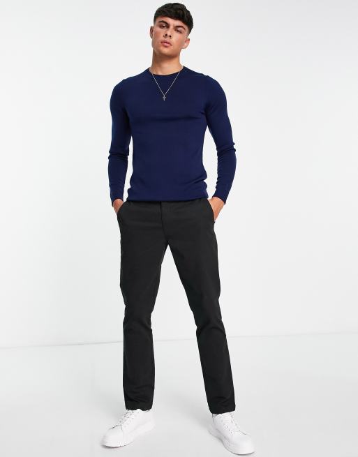 ASOS DESIGN - Tætsiddende marineblå bluse med rund hals i premium-merinould, 3 af 4
