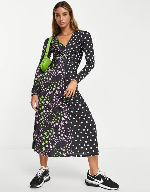 ASOS DESIGN - Tætsiddende maxikjole med blandet print med stjerner og prikker i sort