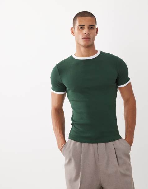 ASOS DESIGN - Tætsiddende mørkegrøn T-shirt i ribstrik med kontrastkanter - view 1