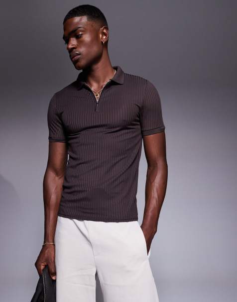 ASOS DESIGN - Tætsiddende og brun poloskjorte med lynlås - view 1