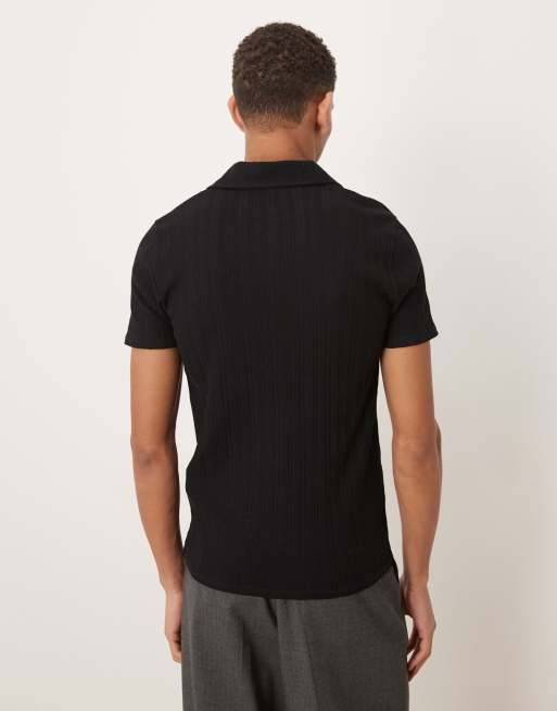 ASOS DESIGN - Tætsiddende og kraftig sort poloskjorte i ribstrik med reverskrave, 3 af 5