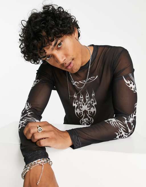 ASOS DESIGN - Tætsiddende og langærmet sort T-shirt i mesh med print