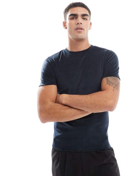 ASOS DESIGN - Tætsiddende og marineblå T-shirt i velour - view 1