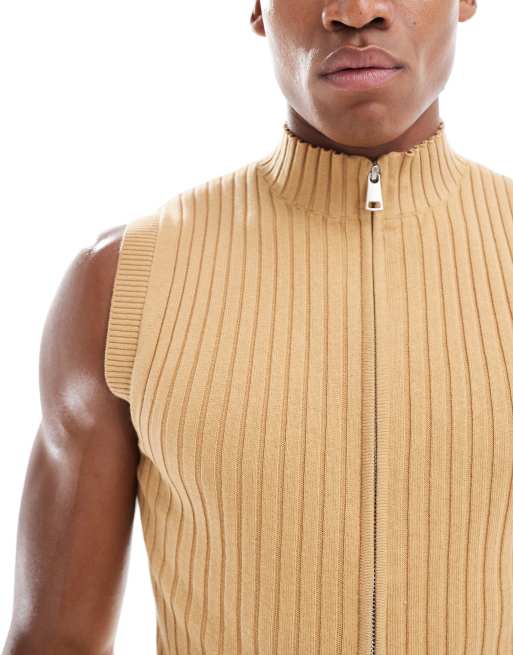 ASOS DESIGN - Tætsiddende og ærmeløs gyldenbrun overdel i ribstrik med lynlås, 3 af 4
