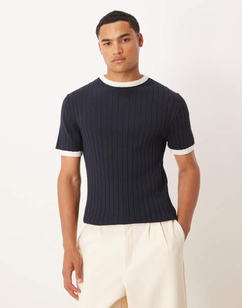 ASOS DESIGN - Tætsiddende og strikket marineblå T-shirt med kontrastkanter - view 1