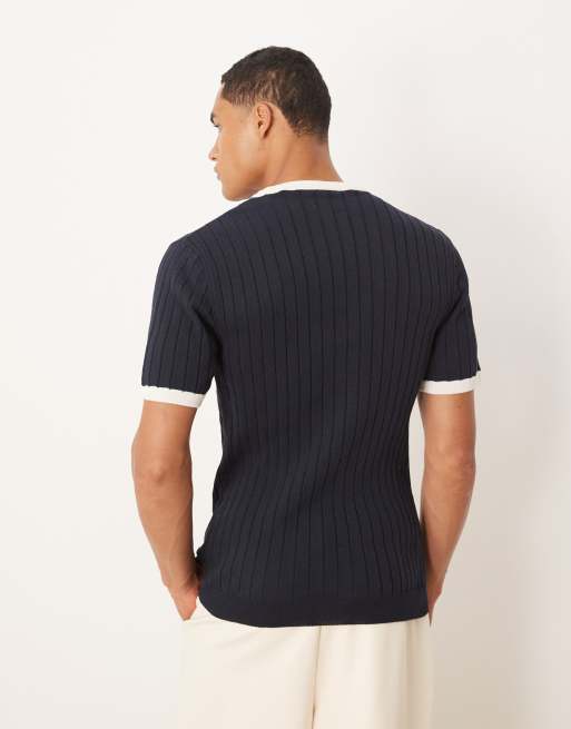 ASOS DESIGN - Tætsiddende og strikket marineblå T-shirt med kontrastkanter, 3 af 5