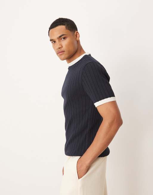 ASOS DESIGN - Tætsiddende og strikket marineblå T-shirt med kontrastkanter, 4 af 5