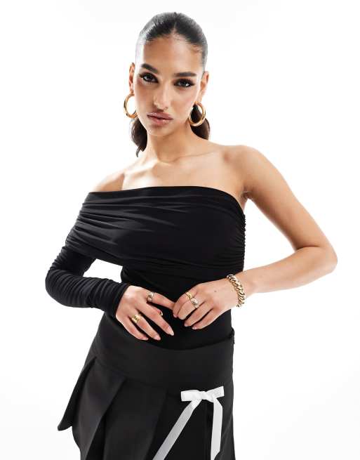 ASOS DESIGN - Tætsiddende oneshoulder-bodystocking med dobbeltlag i sort