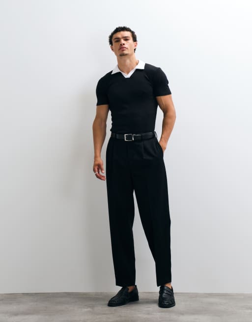 ASOS DESIGN tætsiddende polo med kontrastkrave i sort rib, 2 af 5