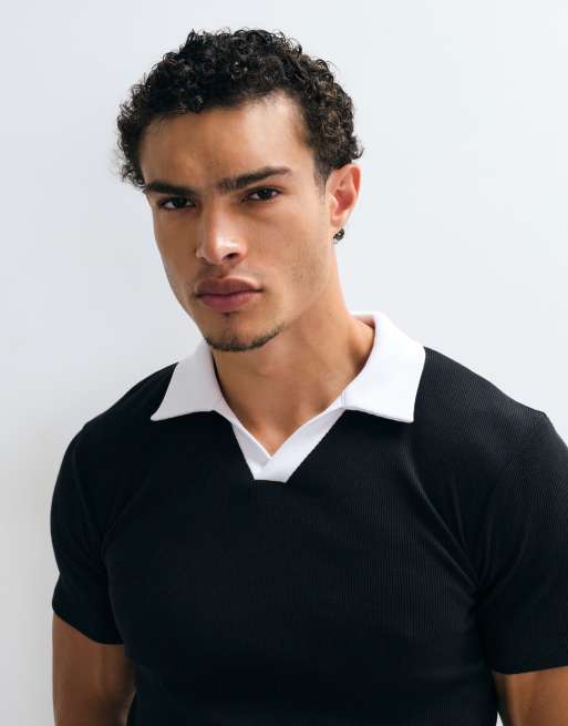 ASOS DESIGN tætsiddende polo med kontrastkrave i sort rib, 4 af 5