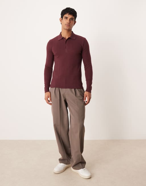 ASOS DESIGN - Tætsiddende polo med lange ærmer i bordeaux ribstrik, 2 af 5