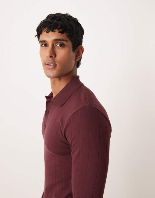 ASOS DESIGN - Tætsiddende polo med lange ærmer i bordeaux ribstrik, 4 af 5