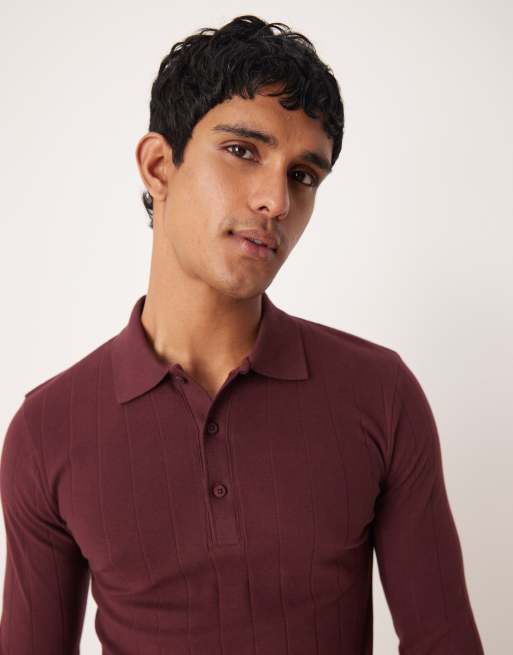 ASOS DESIGN - Tætsiddende polo med lange ærmer i bordeaux ribstrik, 5 af 5