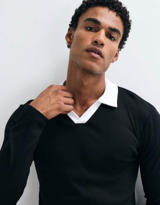 ASOS DESIGN tætsiddende polo med lange ærmer og kontrastkrave i sort rib, 2 af 5