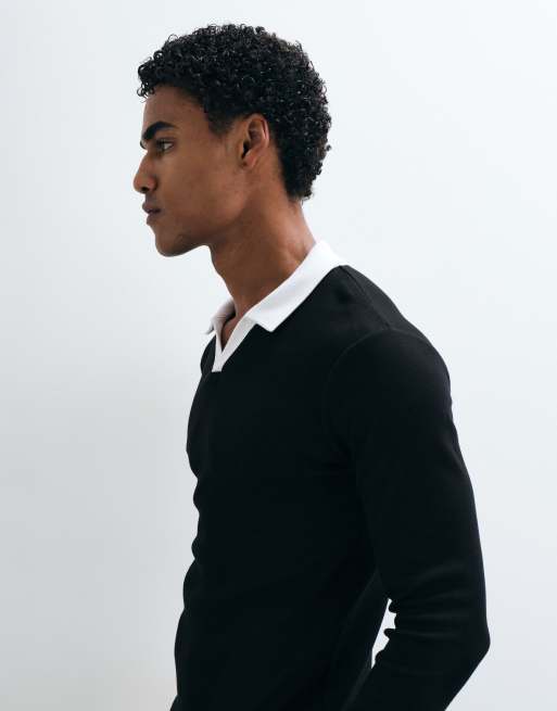 ASOS DESIGN tætsiddende polo med lange ærmer og kontrastkrave i sort rib, 5 af 5