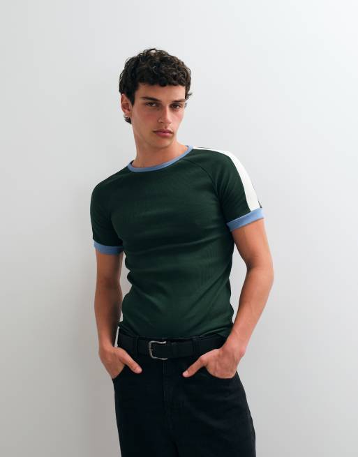 ASOS DESIGN tætsiddende raglan ringer T-shirt i mørkegrøn og blå rib, 3 af 5