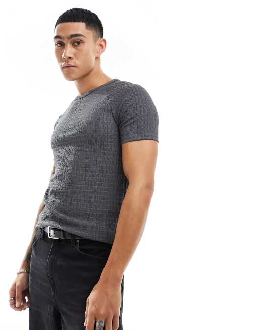 ASOS DESIGN - Tætsiddende raglan-T-shirt i mørkegråt krølstof