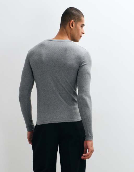 ASOS DESIGN tætsiddende ribstrikket langærmet top med hakudskæring i koksgråmeleret, 5 af 5