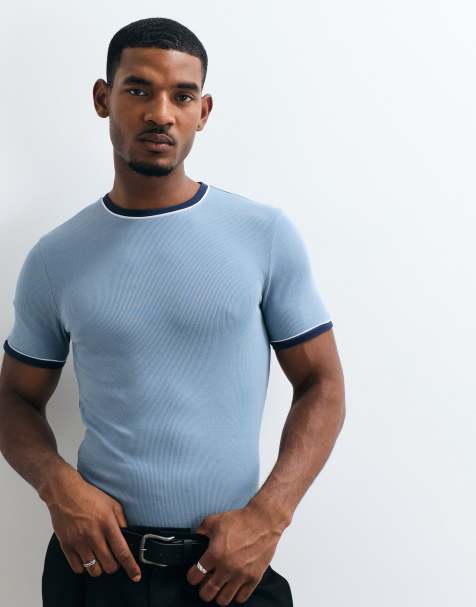 ASOS DESIGN tætsiddende ringer T-shirt med kantbånd i blå rib - view 1