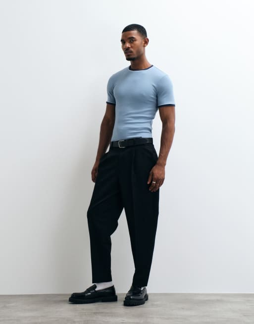 ASOS DESIGN tætsiddende ringer T-shirt med kantbånd i blå rib, 2 af 5
