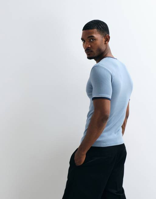ASOS DESIGN tætsiddende ringer T-shirt med kantbånd i blå rib, 4 af 5