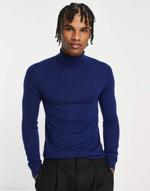 ASOS DESIGN - Tætsiddende rullekravebluse i marineblåt premium-merinould