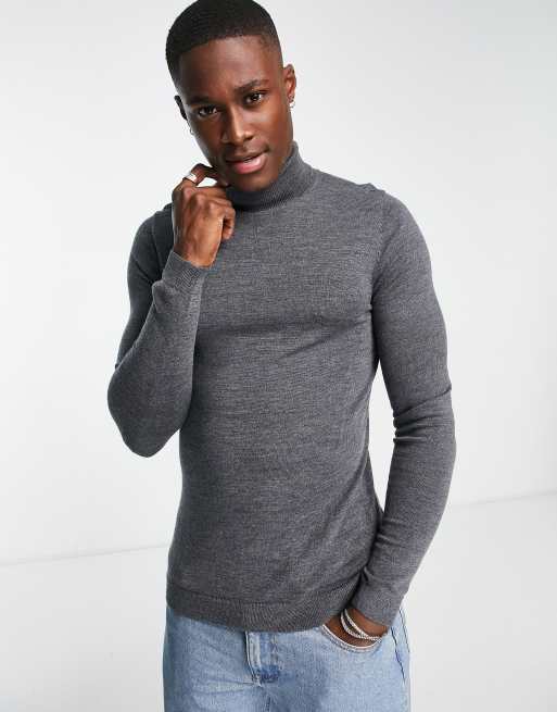 ASOS DESIGN - Tætsiddende rullekravetrøje i koksgrå merinould