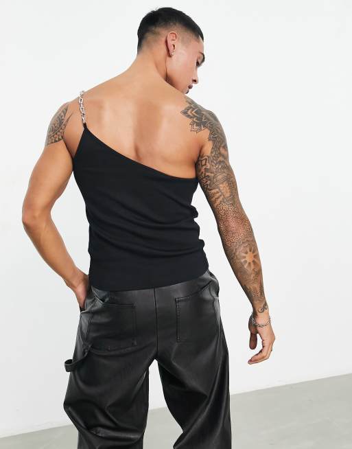 ASOS DESIGN - Tætsiddende sort overdel i oneshoulder-stil med kædestrop, 4 af 4