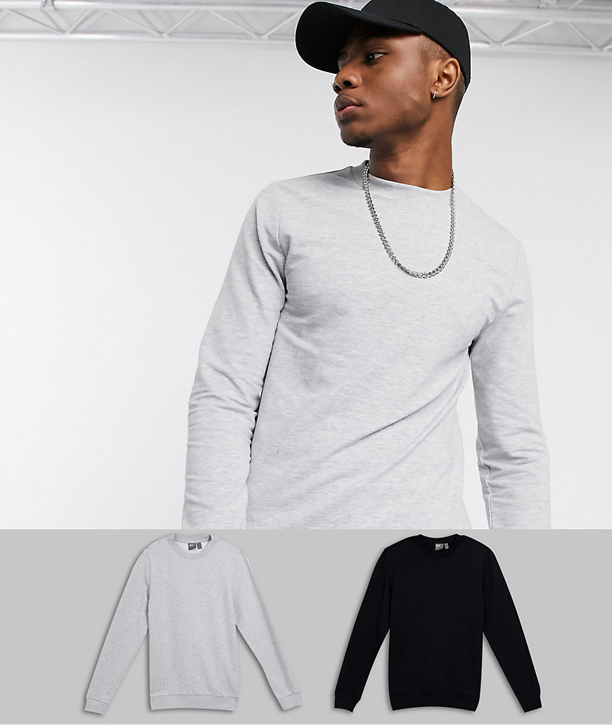 ASOS DESIGN - Tætsiddende sweatshirt 2-pak i sort/gråmeleret-Multifarvet
