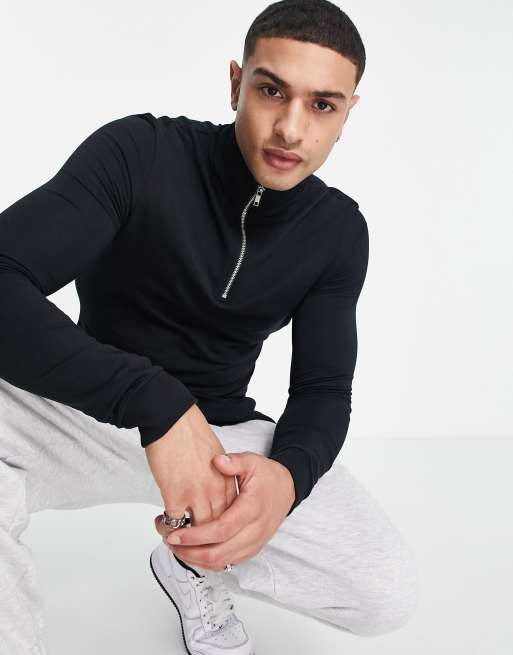 ASOS DESIGN - Tætsiddende sweatshirt med halv lynlås i sort - BLACK