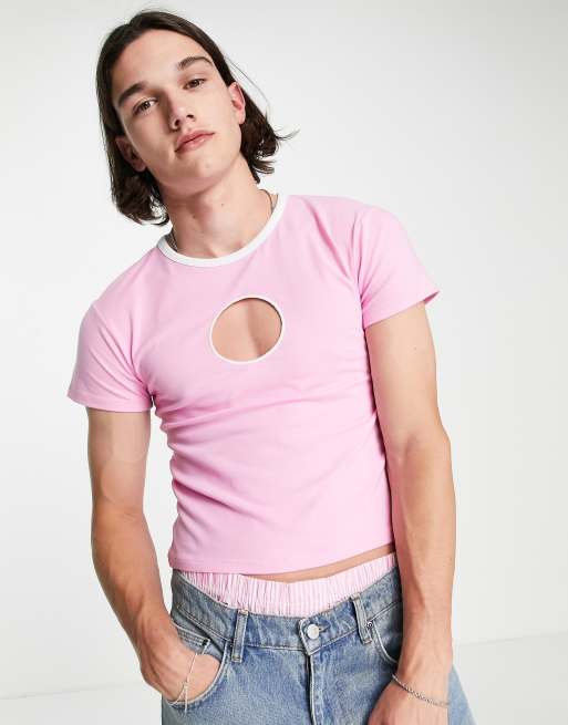 ASOS DESIGN - Tætsiddende T-shirt med cirkelformet udskæring på brystet og rund hals i lyserød