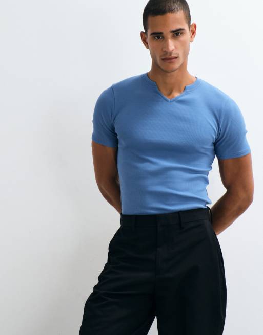 ASOS DESIGN tætsiddende T-shirt med hakudskæring i blå, 4 af 5