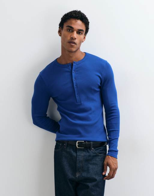 ASOS DESIGN tætsiddende T-shirt med henley-hals i blå rib, 5 af 5