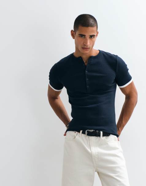 ASOS DESIGN tætsiddende T-shirt med henley-hals og dobbeltlag i marineblå rib - view 1