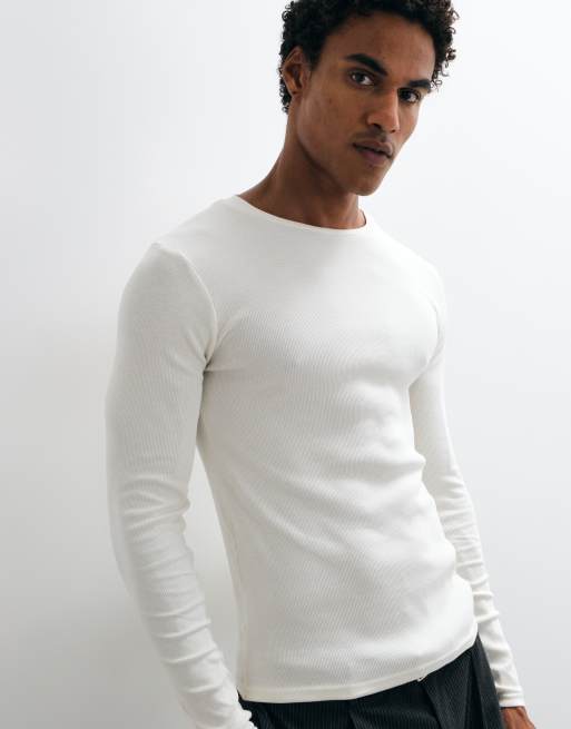 ASOS DESIGN tætsiddende T-shirt med lange ærmer i cremefarvet rib, 4 af 9