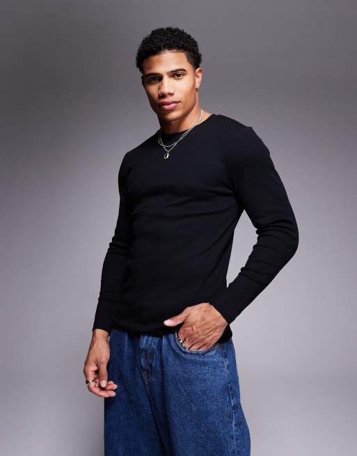 ASOS DESIGN - Tætsiddende T-shirt med lange ærmer i sort ribstrik