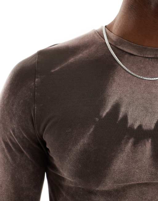 ASOS DESIGN - Tætsiddende T-shirt med lange ærmer i vasket brun, 3 af 4