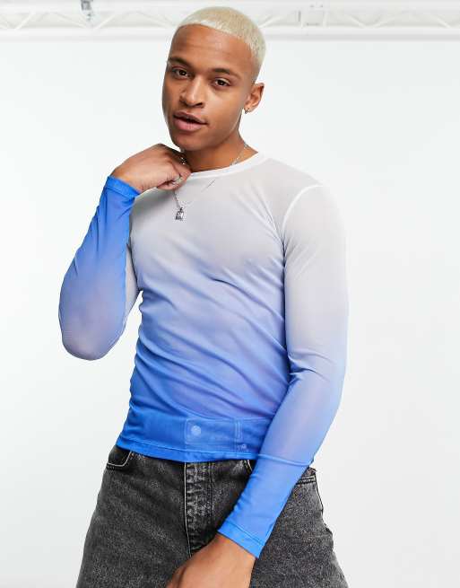 ASOS DESIGN - Tætsiddende T-shirt med lange ærmer og blåt ombré-look i mesh