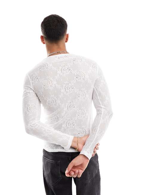 ASOS DESIGN - Tætsiddende T-shirt med lange ærmer og blonder i hvid, 3 af 4