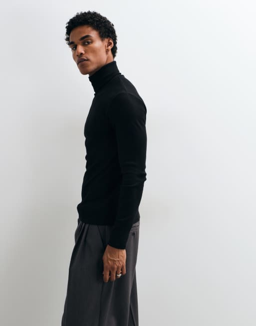 ASOS DESIGN tætsiddende T-shirt med lange ærmer og rullekrave i sort rib, 4 af 10