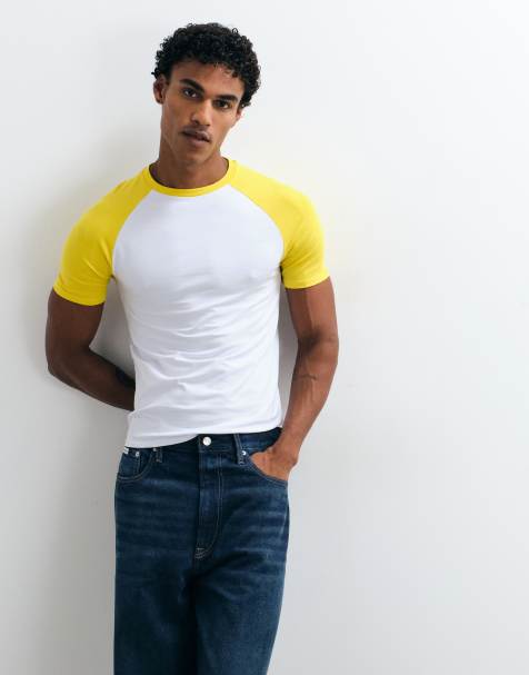 ASOS DESIGN tætsiddende T-shirt med raglanærmer i hvid og gul - view 1