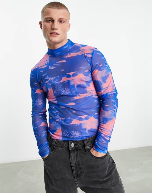 ASOS DESIGN - Tætsiddende T-shirt med rullekrave og lange ærmer i blå/lyserød mesh