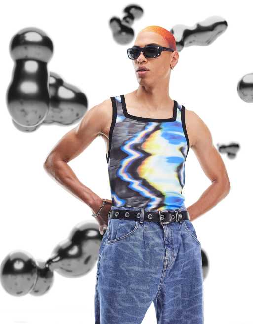 ASOS DESIGN - Tætsiddende top med blå marmorprint og ringerdetalje