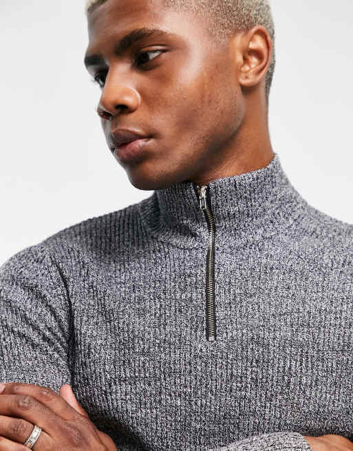 ASOS DESIGN - Tætsiddende trøje med halv lynlås i sort og hvid twist ribstrik, 2 af 4