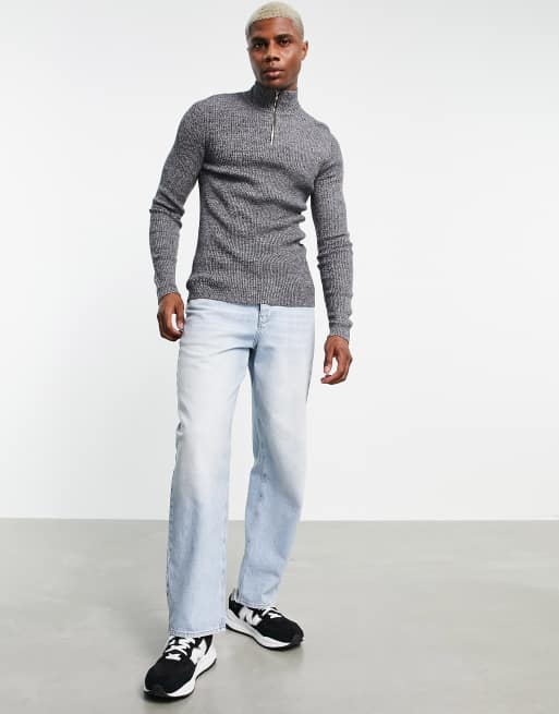 ASOS DESIGN - Tætsiddende trøje med halv lynlås i sort og hvid twist ribstrik, 3 af 4