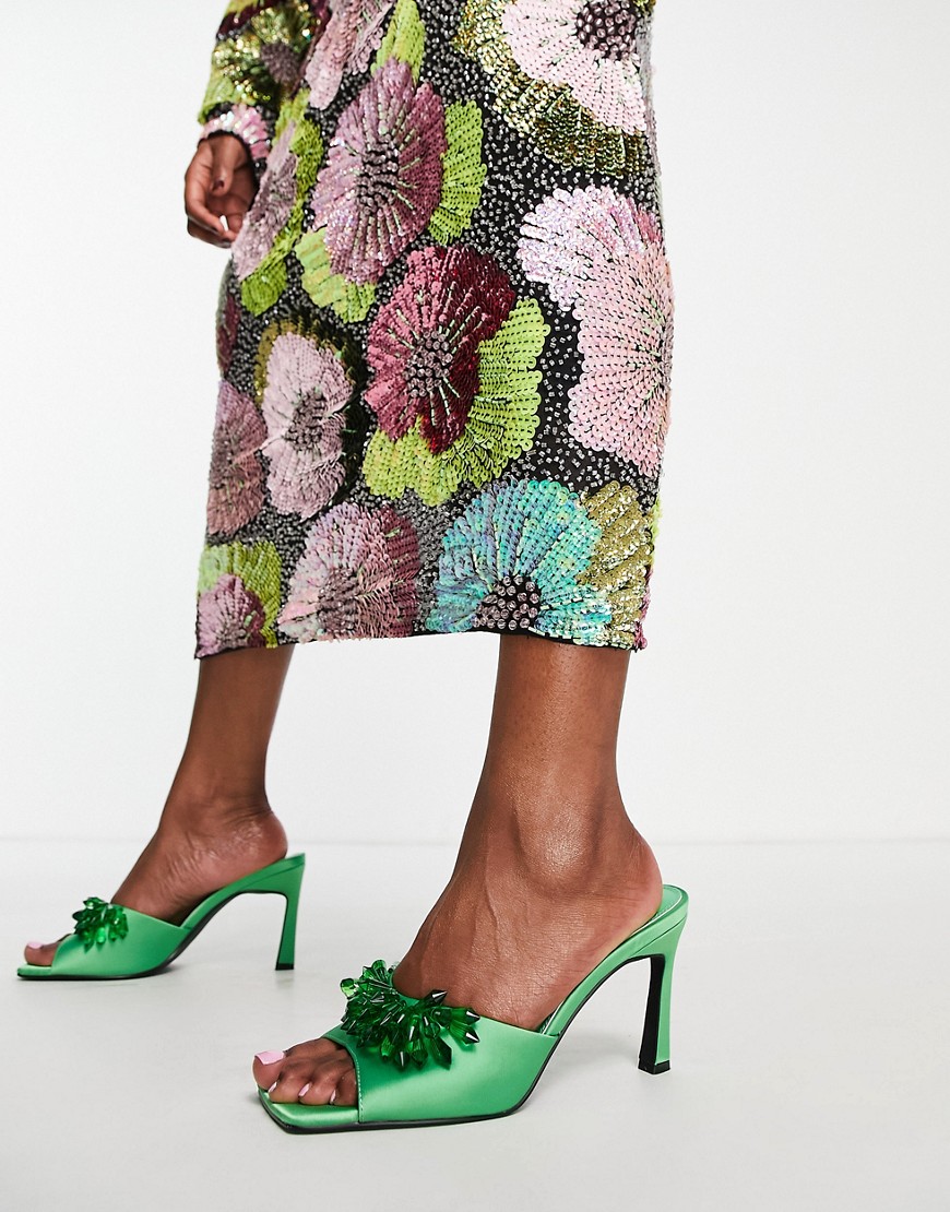 ASOS DESIGN TTYA embellished mid-heeled mules in green satin