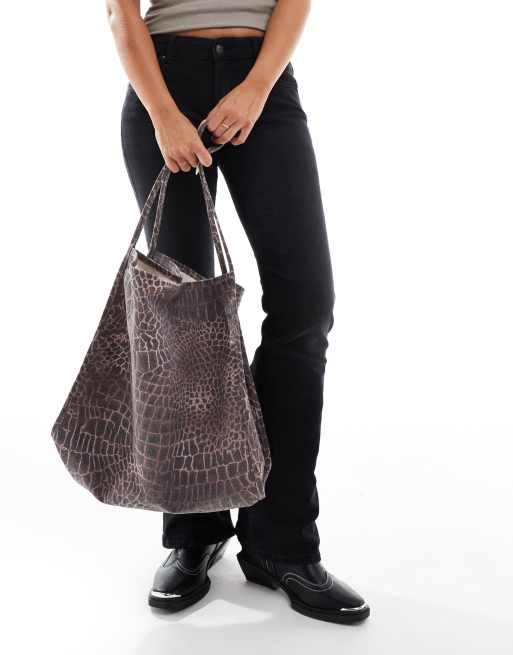 ASOS DESIGN tubular handle canvas tote bag in oversized croc print
